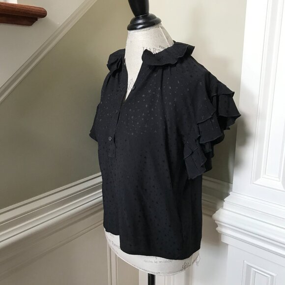 KOCH Popover Ruffle Blouse Top Shirt Womens XS Black Short Sleeve Button Front - Picture 6 of 11